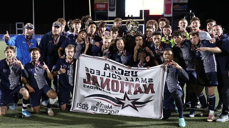 Penn State 白兰地酒 celebrates its second USCAA men's soccer national championship